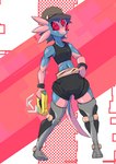 3_eyes abstract_background anthro armband bionic_leg bionics blue_body blue_hair bottomwear breasts clothed clothing countershading cybernetic_leg cybernetic_limb female fin gills hair hand_on_hip hat headgear headwear holding_object holding_tool midriff multi_eye pink_body pink_countershading red_eyes scar short_hair short_stack shorts small_breasts solo standing tail tomboy tools wide_hips permaclot starbound alien amphibian hylotl shaded