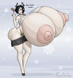 anthro antlers big_breasts big_nipples black_bottomwear black_clothing black_hair black_shorts bottomwear breast_expansion breasts clothed clothing dark_hair expansion female hair horn huge_breasts huge_nipples hyper hyper_breasts nipples pale_body pale_fur partially_clothed puffy_nipples shorts solo aregularblueslime deltarune undertale_(series) dess_holiday dess_holiday_(whump) deer mammal hi_res