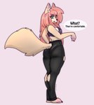 anthro blue_eyes bottomwear bra butt claws clothing dialogue digitigrade female fluffy fluffy_tail hair legwear long_hair looking_at_viewer looking_back looking_back_at_viewer pants pawpads pink_hair pink_pawpads sports_bra tail tights underwear yoga_pants kiit0s aurum_(kiit0s) canid canine canis mammal wolf absurd_res digital_media_(artwork) hi_res