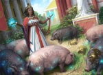 after_transformation architecture armor brown_body brown_skin female feral glowing group headgear helmet magic magic_user markings quadruped sculpture size_difference statue james_ryman hasbro magic:_the_gathering domestic_pig human mammal suid suina sus_(pig) official_art