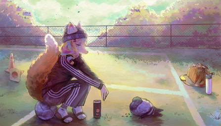 ambiguous_gender anthro beverage big_tail detailed_background duo energy_drink female feral football_field sitting size_difference solo_focus sportswear tail rumeru yusya_(loonvah) avian bird canid canine columbid fox mammal pigeon absurd_res hi_res