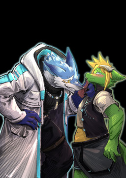 anthro bared_teeth blue_body blue_fur blush clothing coat duo embarrassed fur green_body grin head_markings horn male male/male markings smile teeth topwear touching_chin touching_face white_body white_fur moopvic9782 mythology away santac dragon mythological_creature mythological_scalie scalie sergal absurd_res hi_res
