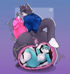 anthro balls big_balls big_penis blue_body blue_eyes blue_fur bulge clothing cock_vore duo ejaculation fur genitals green_eyes grey_body grey_fur hair hole_(anatomy) hoodie huge_balls huge_penis hyper hyper_balls hyper_genitalia hyper_penis internal male male/male noises paws penile penis predator/prey tail tongue tongue_out topwear vore white_body white_fur martovskii catto_(catzdacat) domestic_cat felid feline felis mammal hi_res