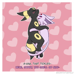 ambiguous/ambiguous ambiguous_gender bite biting_lip black_body black_fur blush border cheek_tuft closed_smile compliment cuddling dialogue duo entwined_tails eyes_closed facial_markings facial_tuft feral feral_on_feral forehead_gem forehead_markings forked_tail fur fur_markings gem head_markings heart_background markings mouth_closed open_mouth open_smile pink_background purple_body purple_fur quadruped romantic sharp_teeth simple_background smile sniffing tail tail_coil teeth text tuft unusual_anatomy unusual_tail white_border gowiththephlo nintendo pokemon eeveelution espeon generation_2_pokemon pokemon_(species) umbreon 1:1 artist_name english_text subtitled