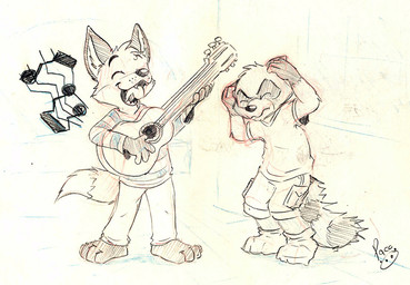 acoustic_guitar anthro bottomwear cheek_tuft clothed clothing duo eyes_closed facial_tuft guitar head_tuft holding_guitar holding_musical_instrument holding_object logo male mouth_closed musical_instrument open_mouth pants pattern_clothing pattern_shirt pattern_topwear playing_guitar playing_music plucked_string_instrument shirt shorts singing standing string_instrument striped_clothing striped_shirt striped_topwear stripes t-shirt topwear tuft young young_anthro young_male pandapaco art_(pandapaco) biro_(pandapaco) canid canine fox mammal procyonid raccoon 2015 artist_logo signature sketch
