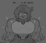 4_fingers anthro avian beak belt big_breasts bird bodily_fluids bottomwear bra_through_clothing breasts clothing eyelashes feathers female fingers grey_background hair hi_res huge_breasts lerntern looking_down martlet_(undertale_yellow) monochrome muscular muscular_female pants shirt short_hair simple_background solo sweat sweatdrop topwear undertale_yellow winged_arms wings