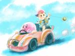 car clothing duo hair hat headgear headwear inside_car inside_vehicle male open_mouth pattern_clothing pattern_shirt pattern_topwear pink_body shirt short_hair smile striped_clothing striped_shirt striped_topwear stripes topwear toy vehicle 許さんマン earthbound_(series) kirby_(series) nintendo super_smash_bros. kirby ness alien human mammal waddling_head crossover hi_res