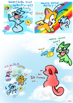 ambiguous_gender antennae_(anatomy) blue_body blue_eyes blue_fur cloud detailed_background dialogue feathered_wings feathers fluffy fluffy_tail flying fur green_body green_fur greeting group long_ears multicolored_body multicolored_fur nude open_mouth orange_body orange_fur outside pink_body pink_fur profanity rainbow red_body red_fur sitting sky skyscape smile standing sun tail teeth text toony two_tone_body two_tone_fur what white_body white_fur wings vaporotem canid canine domestic_cat felid feline felis fox lagomorph leporid mammal rabbit rodent sciurid tree_squirrel english_text