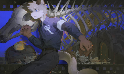 anthro blue_eyes bone bottomwear cemetery clothing collared_shirt countershade_torso countershading film_reel grey_body male pants polo_shirt shirt solo tail topwear white_ribbon canilu_u canid canine mammal 2025 hi_res