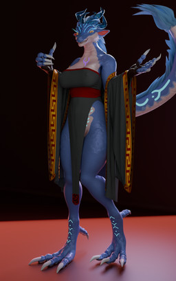 anthro asian_clothing blue_body breasts chinese_clothing claws clothed clothing east_asian_clothing eyewear female fur horn looking_at_viewer markings nipples nude royalty simple_background smile solo tail toe_claws yellow_eyes falconfeather mythology tianjue_(character) dragon eastern_dragon mythological_creature mythological_scalie scalie 2025 3d_(artwork) digital_media_(artwork) hi_res