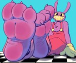 3_toes 4_fingers anthro black_eyes blue_background checkered checkered_floor chest_tuft claws clothed clothing eyebrows feet fingers foot_fetish foot_focus gloves handwear logo looking_at_viewer male plantigrade purple_body raised_eyebrow red_jumpsuit simple_background smile smiling_at_viewer smug soles solo teeth toe_claws toes tuft wrinkled_feet wrinkles yellow_button yellow_clothing yellow_gloves yellow_handwear yellow_sclera yellow_teeth bitesizedfawn glitch_productions the_amazing_digital_circus jax_(tadc) lagomorph leporid mammal rabbit artist_logo hi_res shaded signature