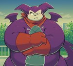 annoyed anthro belly blush clothing duo gloves handwear hug kerchief male neckerchief neckwear overweight purple_body size_difference spade_tail tail tsundere wings greenendorf bandai_namco digimon digimon_(species) human impmon mammal