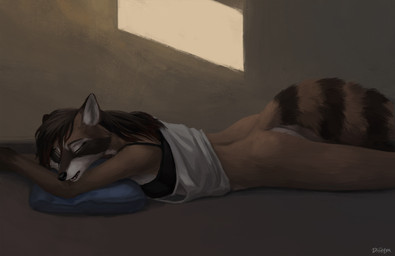 anthro back_hair black_nose body_hair bottomless breasts brown_body brown_fur casual_exposure clothed clothing eyes_closed female fur gloves_(marking) hungover inner_ear_fluff lying lying_on_ground markings on_front on_ground open_mouth sleeping solo teeth tongue tuft difetra eve_(difetra) mammal procyonid raccoon 2021 digital_media_(artwork) hi_res