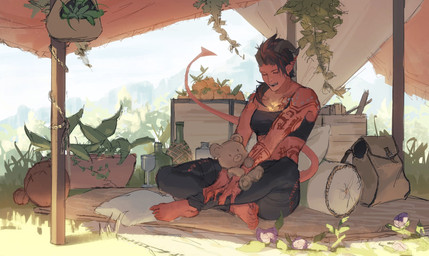 backpack barefoot black_bottomwear black_clothing black_hair black_pants bottle bottomwear breasts broken_horn clothing container crate crop_top crossed_legs eyes_closed feet female food fruit glass_bottle hair horn humanoid_pointy_ears midriff not_furry open_mouth outside pants plant plushie pointy_ears red_body red_skin shirt sitting solo tattoo teddy_bear topwear geranbb baldur's_gate baldur's_gate_3 bioware electronic_arts larian_studios karlach demon horned_humanoid humanoid tiefling 2024 hi_res