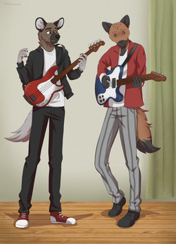 5_fingers anthro bass_guitar bottomwear brown_body brown_fur clothed clothing duo electric_guitar fingers fully_clothed fur guitar jacket male musical_instrument open_clothing open_jacket open_topwear pants playing_guitar playing_music plucked_string_instrument shirt string_instrument t-shirt topwear tommysamash aggretsuko beastars fender_musical_instruments_corporation netflix precision_bass sanrio stratocaster haida_(aggretsuko) miguno_(beastars) hyena mammal spotted_hyena 2022 hi_res