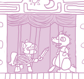 ambiguous_gender armor duo feral headgear helmet holding_melee_weapon holding_object holding_sword holding_weapon marionette melee_weapon nude puppet side_view stage sword weapon ficficponyfic hasbro my_little_pony mythology dragon equid mammal mythological_creature mythological_scalie scalie monochrome pink_and_white sketch