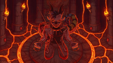 2_horns anthro black_body black_fur black_hair black_horn black_tail blood blue_body blue_fur blue_hair blue_tail bodily_fluids bottomwear clothed clothed_anthro clothed_male clothing collar facial_hair fangs fur gore grey_bottomwear grey_clothing grey_pants hair horn impalement kneeling lava looking_at_viewer male male_anthro markings melee_weapon mohawk multicolored_body multicolored_fur multicolored_hair multicolored_tail mustache pants pink_nose polearm shirt short_hair snout solo spear spiked_collar spikes striped_markings striped_tail stripes tail tail_markings teeth topwear torn_bottomwear torn_clothing torn_pants torn_shirt torn_topwear two_tone_hair weapon white_body white_fur white_tail wounded yellow_body yellow_eyes yellow_fur yellow_tail bluestripedrenulian mythology lakota_(deemage) dragon eastern_dragon furred_dragon furred_scalie mythological_creature mythological_scalie scalie 16:9 2026 dated hi_res widescreen