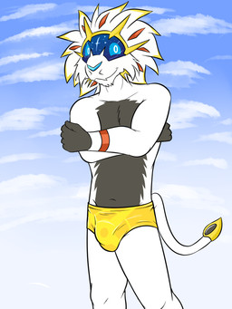 anthro anthrofied clothed clothing day male pokemorph skimpy smile solo speedo sun swimwear topless fuze nintendo pokemon felid generation_7_pokemon legendary_pokemon mammal pokemon_(species) solgaleo 2016 3:4 hi_res portrait three-quarter_portrait