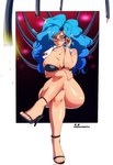 bent_legs big_breasts blue_hair breasts cleavage clothed clothing crossed_legs eyewear female footwear glasses hair high_heels leg_over_knee machine not_furry shoes sitting skimpy solo water wide_hips lunaexhibitix robot hi_res