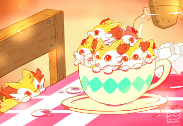 ambiguous_gender big_tail black_body black_fur blush bottle chair cheek_tuft chibi container cup ear_tuft eyelashes facial_tuft feral fingers fluffy fur furniture group head_tuft orange_body orange_fur purple_body purple_fur stick tail tea_cup tuft white_body white_fur yellow_body yellow_fur butapokko nintendo pokemon braixen canid canine generation_6_pokemon mammal pokemon_(species) shiny_pokemon 2018