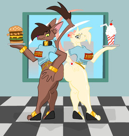 anthro ass_to_ass beverage big_breasts big_butt bikini blue_top breasts brown_body brown_fur burger butt cafe clothing duo eyewear female female/female food footwear fur glasses gold_bikini high_heels milkshake shoes swimwear two-piece_swimsuit yellow_body yellow_fur wizrat awoos_diner mirig_(aygee) canid canine canis mammal murid murine rat rodent wolf hi_res