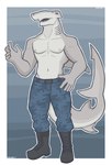 5_fingers anthro athletic black_clothing black_footwear black_shoes blue_bottomwear blue_clothing blue_pants bottomwear clothing fingers footwear gills grey_body male navel nipples open_mouth pants plantigrade solo standing three-quarter_view snarkysardine fish great_hammerhead ground_shark hammerhead_shark marine shark 2020 absurd_res full-length_portrait hi_res portrait