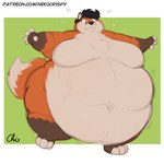 anthro belly belly_overhang big_belly black_hair bodily_fluids border chubby_cheeks flying_sweatdrops fur green_background hair love_handles male moobs nervous nude obese obese_anthro obese_male orange_body orange_fur overweight overweight_anthro overweight_male simple_background solo sweat sweatdrop text thick_thighs waddling walking white_body white_fur wide_hips nekocrispy cupricfox canid canine fox mammal english_text signature url