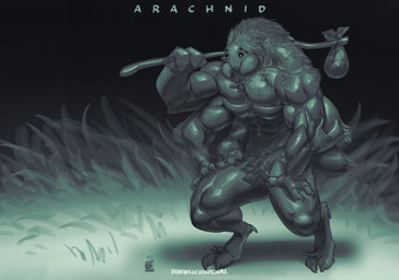 6_arms anthro biped male multi_arm multi_limb muscular muscular_anthro muscular_male muscular_thighs solo text tofudumps weretober arachnid arthropod artist_name signature