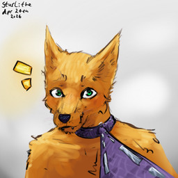 anthro blush collar collar_pull fur green_eyes looking_at_viewer male metallic_body nervous purple_collar solo yellow_body yellow_fur starlithe gold_evan_shade_(starlithe) canid canine fox mammal 1:1