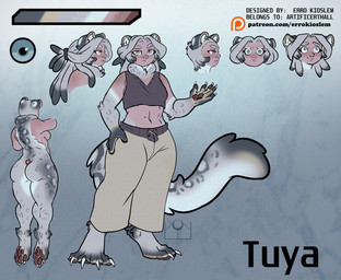 abstract_background big_butt biped butt cheek_tuft clothing facial_tuft female freckled_face freckled_shoulders freckles front_view fur grey_hair hair looking_at_viewer markings neck_tuft rear_view retractable_claws shirt solo spots spotted_body spotted_fur standing tank_top text topwear tuft errokioslem felid humanoid mammal pantherine snow_leopard full-length_portrait hi_res model_sheet portrait url