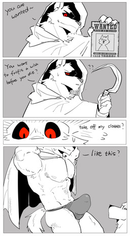 abs anthro barazoku biceps black_sclera bodily_fluids bulge cloak clothed clothing dialogue duo erection erection_in_underwear erection_under_clothing fur genitals grey_background grin holding_object holding_weapon hooded_cloak male melee_weapon muscular muscular_anthro muscular_male navel nipples pecs penis presenting presenting_penis question_mark raised_arms red_eyes sickle simple_background smile speedo sweat sweatdrop swimwear tail tenting text underwear undressing wanted_poster weapon arun_six dreamworks puss_in_boots_(franchise) death_(puss_in_boots) ych_(character) canid canine canis mammal wolf 2023 absurd_res comic digital_media_(artwork) english_text hi_res