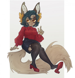 anthro black_clothing black_legwear black_pantyhose blouse bottomwear breasts brown_body brown_fur chibi claws clothed clothing colored_nails ear_tuft female footwear fur green_hair hair heelpop high_heels legwear looking_at_viewer loose_footwear markings medium_breasts multicolored_body multicolored_eyes multicolored_fur nails office_attire office_clothing office_lady open_mouth pantyhose red_clothing red_footwear red_shirt red_shoes red_topwear shirt shoe_dangle shoes short_hair simple_background skirt smile solo stockings suspenders tail tail_tuft teeth thick_thighs topwear tuft two_tone_eyes yellow_claws yellow_eyes yellow_nails dcayorcus felid mammal digital_media_(artwork) hi_res shaded