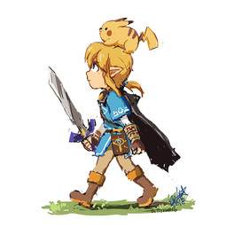 ambiguous_gender black_eyes blonde_hair blue_eyes boots cape clothing duo fingerless_gloves footwear gloves grass hair handwear humanoid_pointy_ears male melee_weapon plant pointy_ears ponytail sheikah_slate shoes simple_background sword tablet_computer walking weapon white_background bettykwong breath_of_the_wild nintendo pokemon the_legend_of_zelda link elf generation_1_pokemon humanoid hylian pikachu pokemon_(species) 1:1 2018 crossover signature