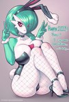 big_breasts blush breasts bunny_costume camel_toe clothing costume fake_ears fake_rabbit_ears female fishnet_clothing fishnet_legwear footwear gesture hand_gesture high_heels legwear looking_at_viewer red_eyes shoes simple_background solo text thick_thighs v_sign white_body supersatanson nintendo pokemon gardevoir generation_3_pokemon humanoid pokemon_(species) english_text hi_res