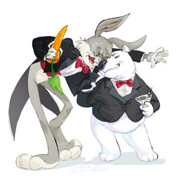 alcohol anthro beverage bottomless bow_tie carrot clothed clothing duo flirting food gloves handwear male male/male plant slightly_chubby slightly_chubby_male suit vegetable grech4 family_guy looney_tunes warner_brothers brian_griffin bugs_bunny canid canine lagomorph leporid mammal rabbit hi_res