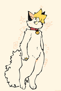 anthro bell bell_collar blonde_hair blue_eyes collar fluffy fluffy_tail fur hair looking_away male pose ring simple_background solo standing tail text tuft white_body white_fur yellow_sclera kreivi_ruche skap712 domestic_cat felid feline felis mammal 2:3 digital_media_(artwork) hi_res