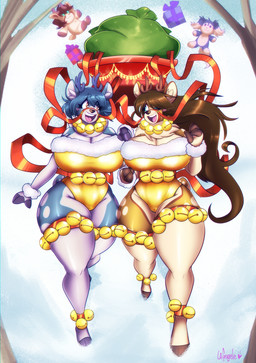 alternate_species anthro antlers bell big_breasts blue_hair blush breasts brown_hair clothing duo female fingers gift hair holidays hooved_fingers hooves horn leotard one_eye_closed open_mouth plant plushie running sled smile snow thick_thighs tree yellow_clothing yellow_leotard la-frugele christmas koopsloops deer mammal new_world_deer reindeer 2025 digital_media_(artwork) hi_res