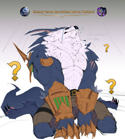 anthro armor blue_body blue_fur bodily_fluids bottomwear chest_tuft claws clothed clothing crying fangs feet feral fur gauntlets gloves group handwear male mane neck_tuft pants pawpads pecs question_mark sad scar sitting tail tears teeth text topless torn_bottomwear torn_clothing torn_pants trio tuft w-sitting white_body white_fur na1su league_of_legends mythology riot_games tencent baron_nashor warwick_(lol) alien bear canid canine mammal monster mythological_canine mythological_creature polar_bear ursine voidborn werecanid werecanine werecreature werewolf 2026 colored colored_sketch digital_drawing_(artwork) digital_media_(artwork) english_text hi_res sketch