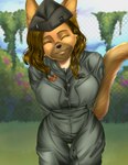 anthro athletic big_breasts blonde_hair breasts clothing eyes_closed female flight_suit hair hands_behind_back leaning leaning_forward marines military military_uniform officer outside smile smiling_at_viewer solo thick_thighs uniform wide_hips jercorgi united_states_marine_corps ashley_valentine canid canine canis domestic_dog german_shepherd herding_dog mammal pastoral_dog absurd_res detailed hi_res