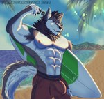 anthro armpit_fetish armpit_hair beach belly_hair body_hair bulge chest_hair detailed_bulge island male muscular nipples pecs solo surfboard surfer surfing strayd0rk mythology kayde_(kaydewolf) canid canine mammal mythological_canine mythological_creature werecanid werecanine werecreature werewolf absurd_res hi_res