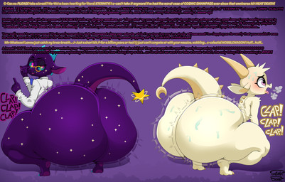 ambiguous_gender anthro big_butt butt dialogue duo eyewear glasses huge_butt male male/male simple_background smug text thick_thighs tired twerking skunk_bunk chikn_nuggit mythology fwench_fwy_(chikn_nuggit) dragon mythological_creature mythological_scalie scalie absurd_res hi_res watermark