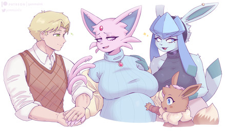 anthro anthrofied big_breasts blue_eyes breasts clothed clothing ear_piercing eyebrows family female fingers furgonomics furry-specific_piercing group hair hand_holding hand_on_belly happy husband_and_wife interspecies interspecies_pregnancy jewelry male male/female married_couple necklace pendant piercing pregnant pregnant_anthro pregnant_female ring simple_background smile sweater sweater_vest tail tail_coil tail_piercing tail_wrapped_around_arm topwear vest young gammainks nintendo pokemon alex_(gammainks) fuyuki_(gammainks) vanessa_(gammainks) eevee eeveelution espeon generation_1_pokemon generation_2_pokemon generation_4_pokemon glaceon human mammal pokemon_(species) 2025 digital_media_(artwork) hi_res aunt_(lore) daughter_(lore) mother_(lore) mother_and_child_(lore) mother_and_daughter_(lore) niece_(lore) parent_(lore) parent_and_child_(lore) parent_and_daughter_(lore) sibling_(lore) sister_(lore) sisters_(lore) uncle_(lore)