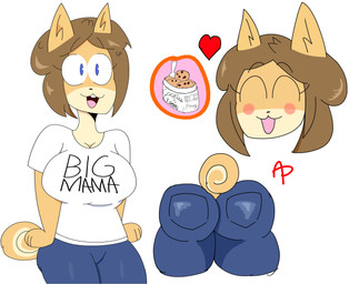 anthro big_breasts blue_bottomwear blue_clothing blue_eyes blue_pants bottomwear breasts brown_hair butt butt_shot cleavage clothed clothed_anthro clothed_female clothing countershade_face countershading cutlery dessert eyebrow_through_hair eyebrows eyelashes female food fur hair heart_symbol ice_cream kitchen_utensils multiple_poses open_mouth open_smile pants pose shirt simple_background smile solo spoon t-shirt tail tan_body tan_fur text text_on_clothing text_on_shirt text_on_t-shirt text_on_topwear tools topwear translucent translucent_hair white_background white_clothing white_shirt white_t-shirt white_topwear adrichibi june_(jinu) canid canine canis domestic_dog mammal shiba_inu spitz absurd_res digital_drawing_(artwork) digital_media_(artwork) english_description hi_res signature