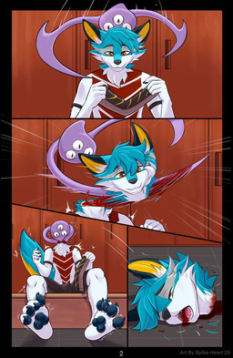 4_toes 5_fingers anthro black_body black_ears black_eyebrows black_finger_claws black_fur black_nose black_pawpads black_toe_claws blood blood_from_mouth blood_in_mouth blue_body blue_fur blue_hair bodily_fluids bulge cheek_tuft clothed clothed_anthro clothed_male clothing countershade_tail countershading death decapitation duo emanata eyebrows facial_tuft feet fingerpads fingers footwear fur gore gore_focus hair head_tuft headswap holding_clothing holding_object humanoid_hands locker_room male male/male male_anthro motion_lines neck_tuft open_mouth page_number pawpads paws pointy_ears prick_ears severed_body_part severed_head snuff socks tail toeless_footwear toeless_socks toes tremble_spikes tuft twitching white_body white_fur yellow_body yellow_countershading yellow_fur yellow_inner_ear badfoxyspike zeni_(zeni_folf) canid canine canis domestic_dog mammal comic hi_res