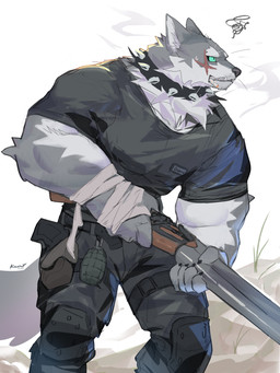 5_fingers anthro biceps big_muscles biped black_bottomwear black_claws black_clothing black_pants black_shirt black_topwear bodily_fluids bottomwear cheek_scar cigarette cigarette_in_mouth claws clothed clothed_anthro clothed_male clothing collar countershade_arms countershade_face countershade_fur countershade_neck countershading dot_pupils double_barrel_shotgun emanata explosives eyebrows facial_scar fangs finger_claws fingers fluffy fluffy_tail front_view frustration_cloud fully_clothed fully_clothed_anthro fully_clothed_male fur furrowed_eyebrows grenade grey_body grey_fur gun hand_wraps handgun holding_gun holding_object holding_ranged_weapon holding_shotgun holding_weapon holster holstered_pistol huge_muscles inner_ear_fluff knee_guards looking_aside male monotone_bottomwear monotone_clothing monotone_pants monotone_shirt monotone_topwear mouth_closed mouth_hold multicolored_body multicolored_fur muscular muscular_anthro muscular_male name_tag neck_tuft nervous nervous_sweat object_in_mouth overbite pants pistol pose ranged_weapon red_scar scar shirt shotgun simple_background snout solo spiked_collar spikes stubble sweat sweaty_face tail teal_sclera teeth text thick_eyebrows thigh_strap tight_clothing tight_shirt tight_topwear topwear tuft two_tone_body two_tone_fur weapon whiskers white_background white_body white_countershading white_eyebrows white_fur white_inner_ear white_inner_ear_fluff white_wraps wraps kuromonsart canid canine canis mammal wolf 2025 3:4 absurd_res artist_name colored dated digital_drawing_(artwork) digital_media_(artwork) english_text hi_res portrait three-quarter_portrait