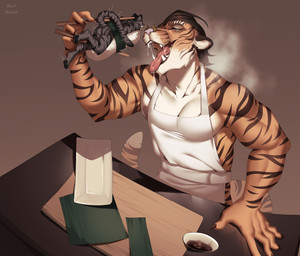anthro apron apron_only bodily_fluids clothing duo food male male/male mouth_shot muscular open_mouth saliva size_difference sushi vore blackrabbitshone felid mammal pantherine tiger absurd_res hi_res