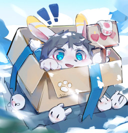 4_fingers ambiguous_gender blue_eyes blush blush_lines box chibi circle_eyebrows container daww ear_markings exclamation_point eyebrows facial_markings fingers fur gift_box glistening glistening_eyes grey_hair group hair head_markings heart_symbol in_box in_container kemono markings open_mouth pawpads pink_pawpads sign snow solo_focus white_body white_fur yellow_markings cuihongshi lagomorph leporid mammal rabbit 2021 digital_media_(artwork) hi_res