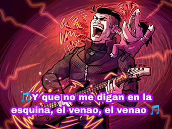 duo electric_guitar eyes_closed eyewear fangs guitar male musical_instrument open_mouth plucked_string_instrument string_instrument sunglasses teeth text doomverse kalcifer_vallarta crocodilian human mammal reptile scalie 4:3 hi_res spanish_text