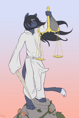 anthro biped black_body black_fur black_hair black_nose blindfold claws clothed clothing digitigrade dipstick_tail front_view fur hair holding_melee_weapon holding_object holding_sword holding_weapon long_hair male markings melee_weapon robe solo standing sword tail tail_markings toe_claws weapon weighing_scale white_clothing white_markings white_robe fuf ambiguous_species felid feline mammal 2019 2:3 hi_res