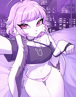 anthro bangs black_clothing black_collar black_crop_top black_leash black_shirt black_topwear bottomwear breasts cheek_tuft chest_tuft city city_background clothing collar collarbone crop_top eyebrows eyelashes facial_tuft female fur grey_inner_ear hair high-angle_view holding_leash holding_object leash leashed_collar leg_tuft long_ears long_eyelashes looking_at_viewer midriff navel night panties pattern_bottomwear pattern_clothing pattern_panties pattern_underwear pink_eyebrows pink_eyes pink_hair selfie shirt short_hair sitting small_waist solo striped_bottomwear striped_clothing striped_panties striped_underwear stripes thigh_tuft topwear tuft under_boob underwear white_body white_fur window 3rdperson_iz lagomorph leporid mammal rabbit colored digital_drawing_(artwork) digital_media_(artwork) hi_res shaded